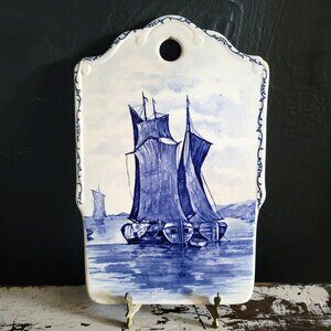 Vintage Blue & White Porcelain Cheese Board/ Breakfast Board Sailing Ship Design